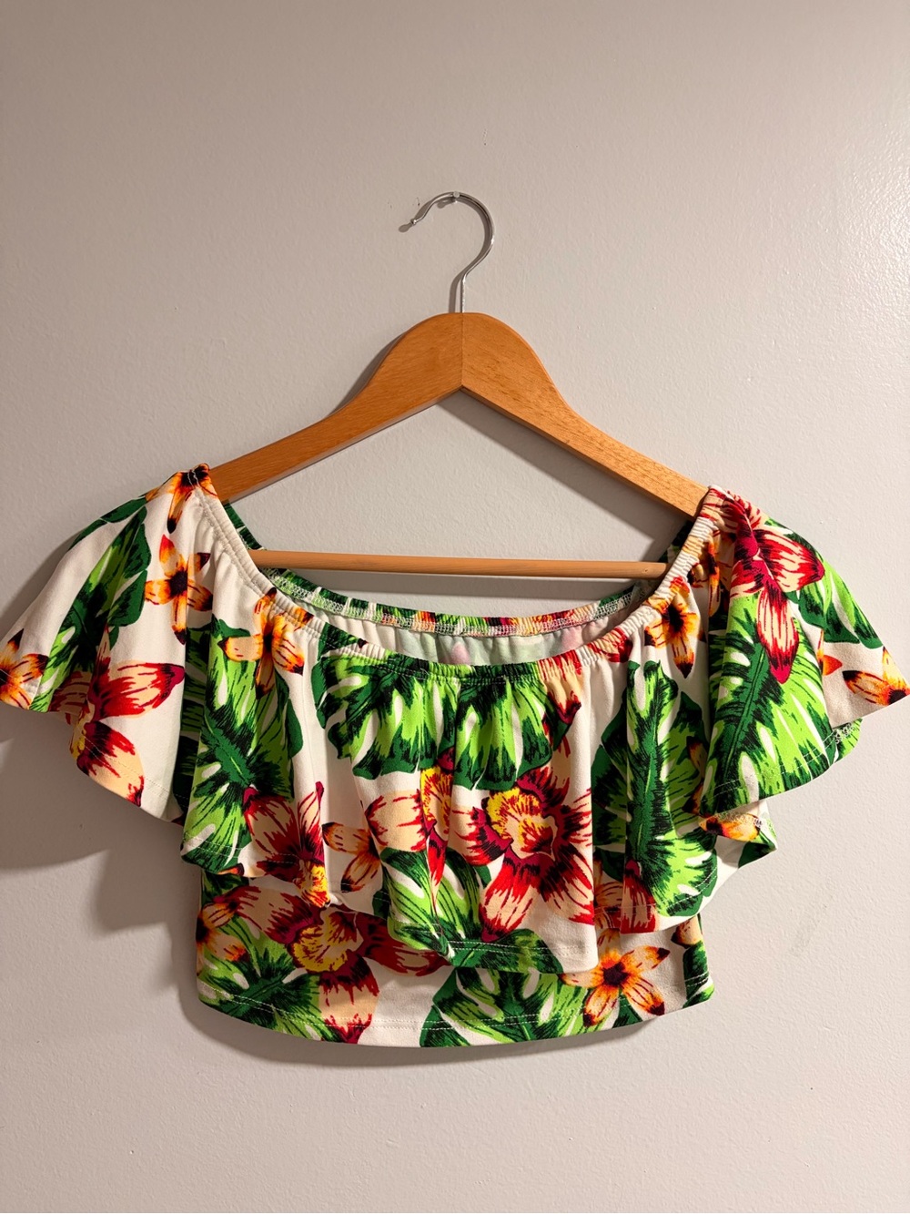 Tropical Off-Shoulder Ruffle Crop Top - White with Green & Red Floral Print